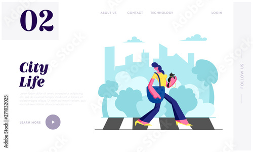 Woman Pedestrian with Dog in Hands Walking Crosswalk in Big Busy Metropolis, Girl City Dweller Lifestyle, Spare Time, Traffic. Website Landing Page, Web Page. Cartoon Flat Vector Illustration, Banner