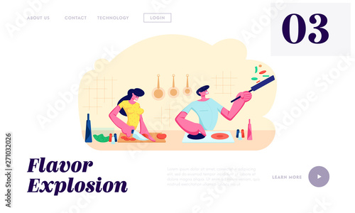 Young Loving Couple Cooking Together on Kitchen. Family Prepare Dinner. Every Day Routine, Love, Human Relations, Romantic Website Landing Page, Web Page. Cartoon Flat Vector Illustration, Banner