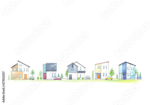 住宅街　水彩イラスト