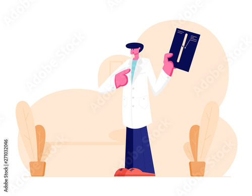 Young Doctor Traumatologist in White Robe Uniform Pointing on X-ray Picture with Limb Fracture. Healthcare, Hospital, Physician Specialist in Clinic, Appointment. Cartoon Flat Vector Illustration
