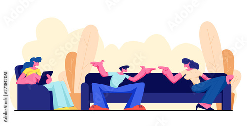 Friends Sitting on Couch, Communicating, Relaxing with Gadget at Home. Male and Female Characters Friendship, Chatting People Conversation Leisure, Sparetime, Chatting Cartoon Flat Vector Illustration
