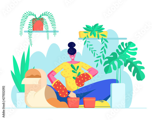 Young Woman in Gloves Replanting Domestic Flower to another Pot