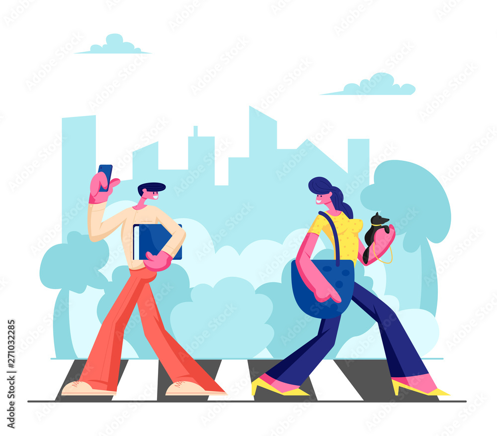 Young Adorable Woman with Dog and Man with Phone Walking along Crosswalk in Big Busy Metropolis, City Dwellers Lifestyle, Hurry at Work or Weekend Spare Time, Traffic. Cartoon Flat Vector Illustration Young Adorable Woman with Dog and Man with Phone Walking along Crosswalk in Big Busy Metropolis, City Dwellers Lifestyle, Hurry at Work or Weekend Spare Time, Traffic. Cartoon Flat Vector Illustration