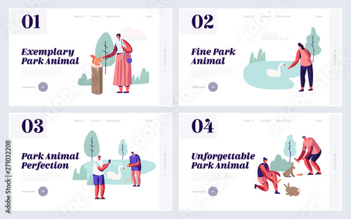 People Spending Time in Animal Park Website Landing Page Set. Leisure in Outdoors Zoo with Wild Animals, Feeding, Playing, Taking Pictures, Sparetime Web Page. Cartoon Flat Vector Illustration, Banner