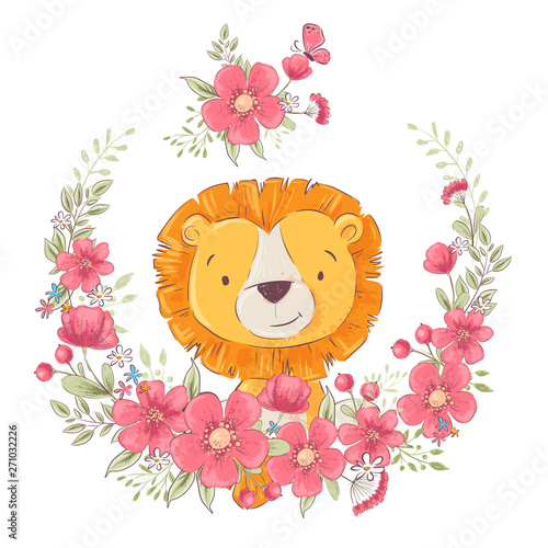 Fototapeta Naklejka Na Ścianę i Meble -  Postcard poster cute little leon in a wreath of flowers. Hand drawing. Vector