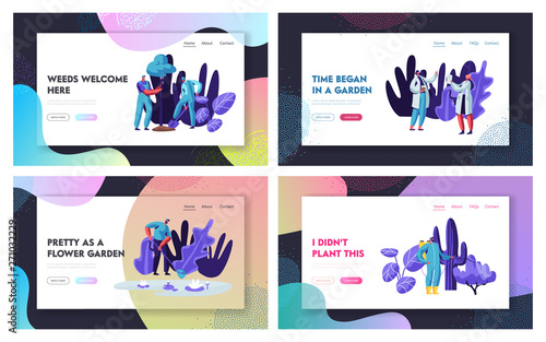 Gardeners and Scientists Growing and Caring of Plants Website Landing Page Set. . Gardening People Doing Seasonal Work in Greenhouse Planting Trees. Web Page, Cartoon Flat Vector Illustration, Banner