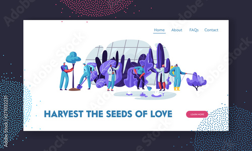 Gardeners and Scientists Growing and Caring of Plants in Garden Greenhouse. Gardening People Watering, Planting, Raking Trees. Website Landing Page, Web Page. Cartoon Flat Vector Illustration, Banner