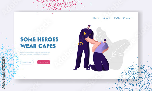 Policeman Arrests Thief. Cop in Uniform at Work, Law Protection Concept, Professional Safety Control, Police Department Service Website Landing Page, Web Page. Cartoon Flat Vector Illustration, Banner