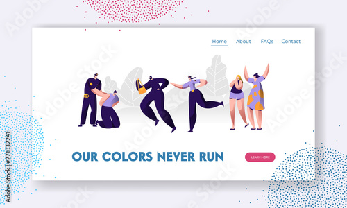 Police Officer at Work. Policeman Put Handcuffs on Offender, Woman Catch Up Thief to Arrest, Criminal Steal Bag, Victim Witness Website Landing Page, Web Page. Cartoon Flat Vector Illustration, Banner
