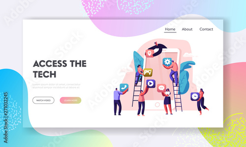 Business People Creative Team Putting App Icons on Huge Smartphone Screen. Designers Develop Application for Mobile, Teamwork Website Landing Page, Web Page. Cartoon Flat Vector Illustration, Banner