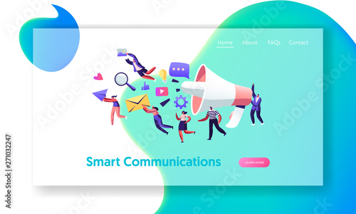 Communication, Pr Agency Marketing Team with Huge Megaphone, Alert Advertising and Social Media. Public Relations and Affairs, Website Landing Page, Web Page. Cartoon Flat Vector Illustration, Banner