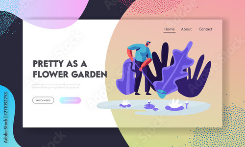Gardener or Botanist Scientist Stand with Butterfly Net near Pond with Floating Lotus Flowers in Greenhouse with Rare Plants. Website Landing Page, Web Page. Cartoon Flat Vector Illustration, Banner