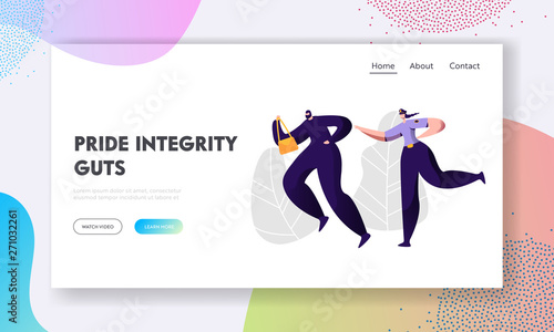 Police Woman Officer at Work Catching Up Thief Steal Bag to Arrest, Criminal and Punishment, Female Inspector Help to Victim Website Landing Page, Web Page. Cartoon Flat Vector Illustration, Banner