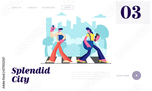 Woman with Dog and Man with Phone Walking Crosswalk in Metropolis, City Dwellers Lifestyle, Hurry at Work, Traffic, Weekend. Website Landing Page, Web Page. Cartoon Flat Vector Illustration, Banner