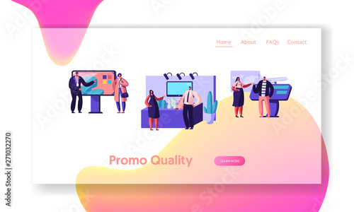 People Stand Beside Commercial Promotional Stands, Trying Product Samples, Talking to Consultants and Promoters at Trade Fair. Website Landing Page, Web Page. Cartoon Flat Vector Illustration, Banner