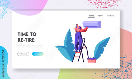 Electrician Handy Man Fixing Broken Conditioner Standing on Ladder at Home, Husband for an Hour, Repair Service, Call Master Website Landing Page, Web Page. Cartoon Flat Vector Illustration, Banner