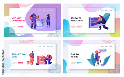 Husband for an Hour, Repair Service Website Landing Page Set. Men in Uniform Fixing Broken Technics at Home. Electrician, Plumber Call Master at Work Web Page. Cartoon Flat Vector Illustration, Banner