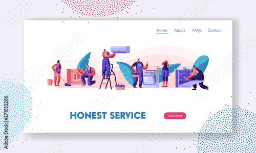 Men in Uniform Fixing Broken Technics at Home. Electrician, Plumber Call Master at Work, Husband for an Hour, Repair Service Website Landing Page, Web Page. Cartoon Flat Vector Illustration, Banner