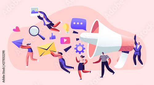 Marketing Team Work with Huge Megaphone, Alert Advertising, Propaganda, Speech Bubbles and Social Media Icons. Public Relations and Affairs, Communication, Pr Agency Cartoon Flat Vector Illustration