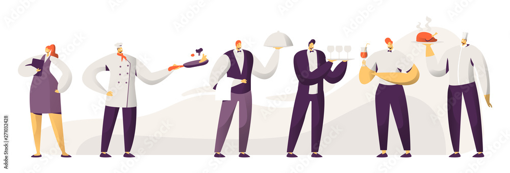 Restaurant Stuff. Male and Female Characters in Uniform. Administrator Girl with Notebook, Chief in Toque, Men Waiters Holding Tray with Dish Under Silver Cloche Lid Cartoon Flat Vector Illustration