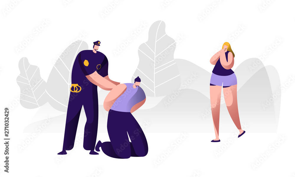 Policeman Arrests Thief. Cop in Uniform on Duty at Work, Law Protection Concept, Professional Safety Control, Police Officer Put Handcuffs on Offender Hands, Witness. Cartoon Flat Vector Illustration Policeman Arrests Thief. Cop in Uniform on Duty at Work, Law Protection Concept, Professional Safety Control, Police Officer Put Handcuffs on Offender Hands, Witness. Cartoon Flat Vector Illustration