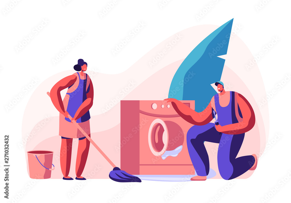 Husband for an Hour, Repair Service Joyful Male Characters in Uniform Working with Instruments Fixing Broken Technics at Home. Electrician, Plumber Call Master at Work Cartoon Flat Vector Illustration