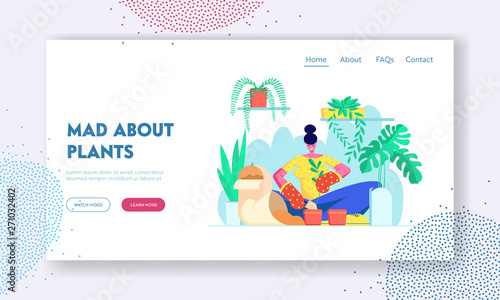 Woman Replanting Domestic Flower. Botanist Planting Houseplant, Herbs. Girl Caring for Plants at Home, Leisure, Hobby, Weekend Website Landing Page, Web Page. Cartoon Flat Vector Illustration, Banner