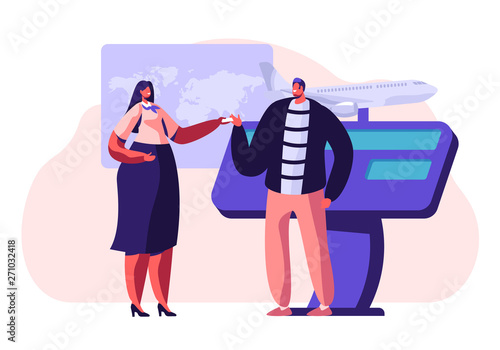 Man Buying Airplane Ticket at Travel Agency Promotional Stand, Talking to Woman Consultant or Promoter, Advertising Service, Trade Fair, Expo Exhibition Visiting. Cartoon Flat Vector Illustration