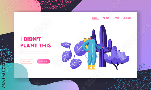 Gardener or Scientist Grow and Caring of Plants in Garden Greenhouse. Gardening Man Spraying Fertilizers. Agriculture Industry. Website Landing Page, Web Page. Cartoon Flat Vector Illustration, Banner