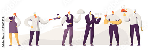 Restaurant Stuff. Male and Female Characters in Uniform. Administrator Girl with Notebook, Chief in Toque, Men Waiters Holding Tray with Dish Under Silver Cloche Lid Cartoon Flat Vector Illustration