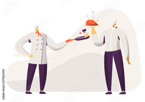 Young Men Chef and Sous Chef in Toque and Apron Holding in Hands Tray with Chicken and Pan with Vegetables. Restaurant Staff Demonstrating Menu, Serve Guests in Cafe. Cartoon Flat Vector Illustration