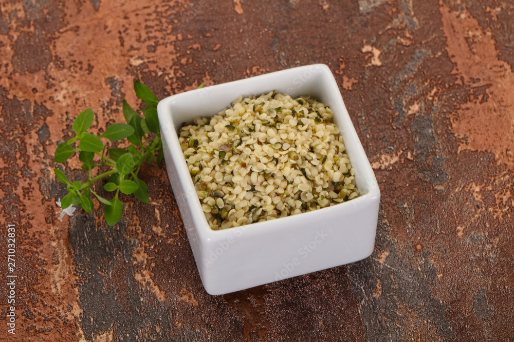 Peeled hemp seeds in the bowl