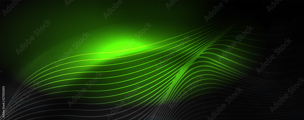 Smoky glowing waves in the dark. Dark abstract background with neon color light and wavy lines. Vector Smoky glowing waves in the dark. Dark abstract background with neon color light and wavy lines. Vector