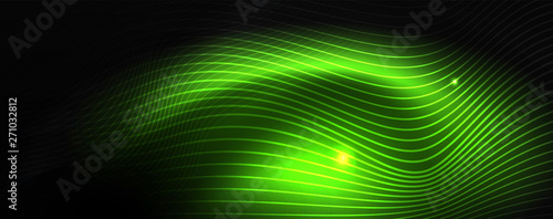 Smoky glowing waves in the dark. Dark abstract background with neon color light and wavy lines. Vector