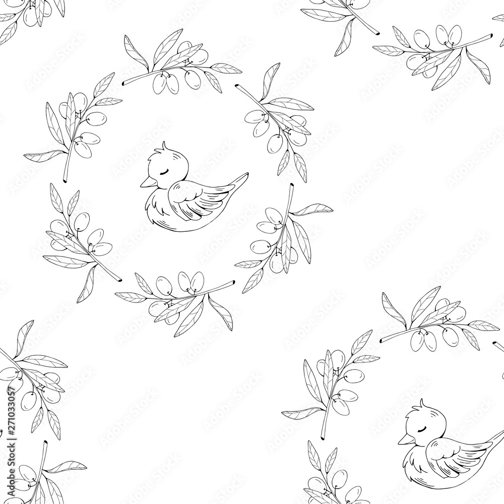 Vector seamless pattern in romantic style with bird and olive wreath. Endless texture for design. White and black color palette.