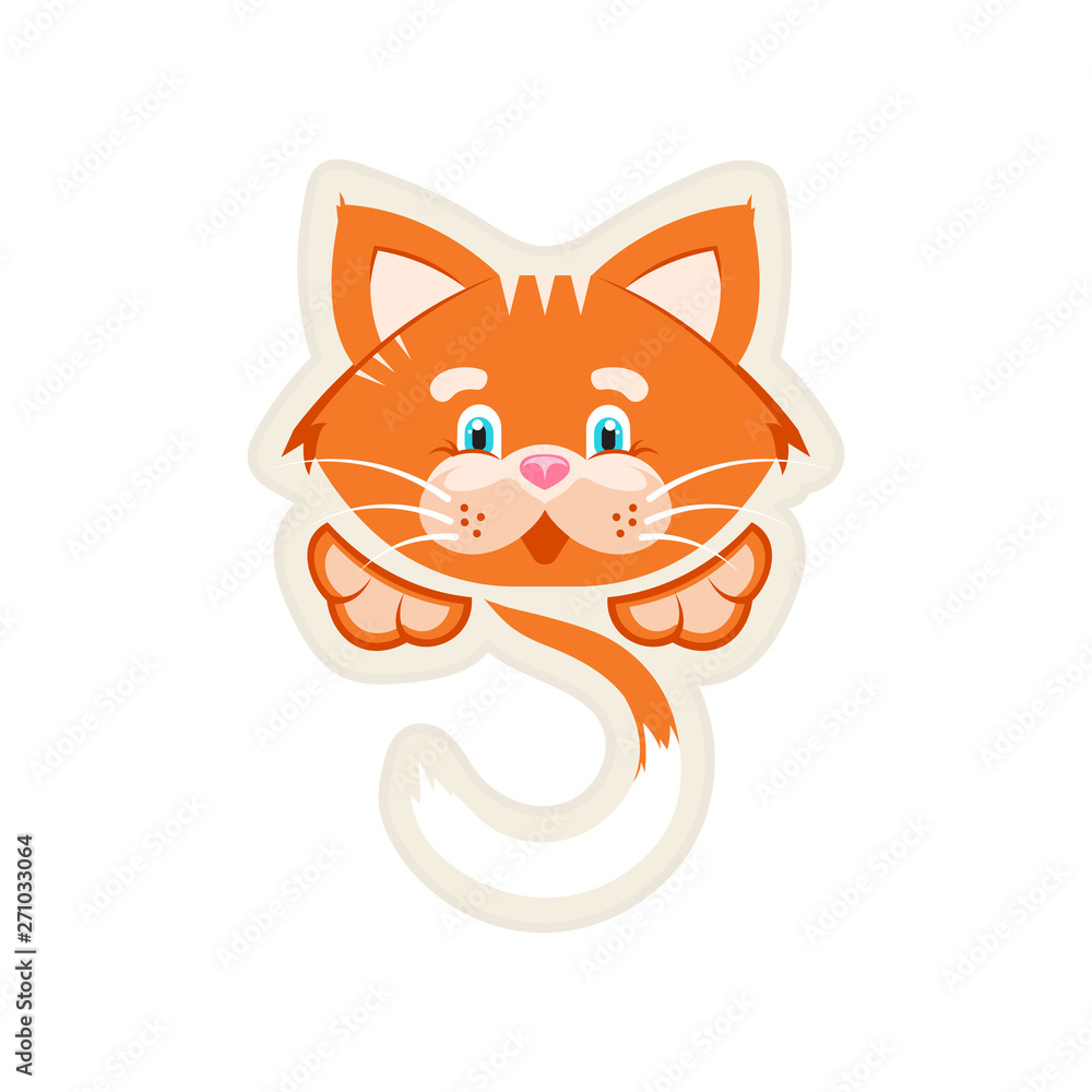 Fototapeta premium Vector illustration. Stker. Orange cat with a big face, tail and paws. White background. Cartoon character for printing on children's clothing, veterinary products, pet food. Print for t-shirts.