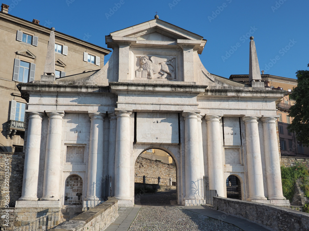 Bergamo, Italy. The old town. Landscape at the old gate Porta San Giacomo. One of the beautiful city in Italy