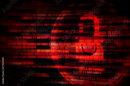 padlock broke by violent attack matrix style computer language binary data code. privacy breached by hackers and virus.