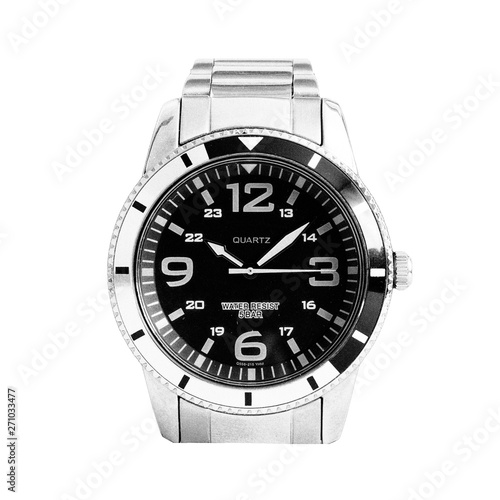 Classic analog men's wrist watch on white background. Close up.