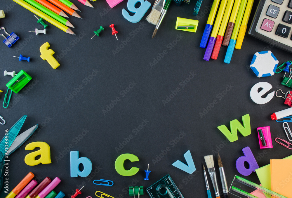 school and office supplies on a black background Back to School image school and office supplies on a black background Back to School image