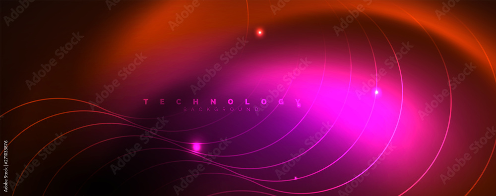 Fototapeta premium Bright neon circles and wave lines, glowing shiny background design template, digital techno concept.