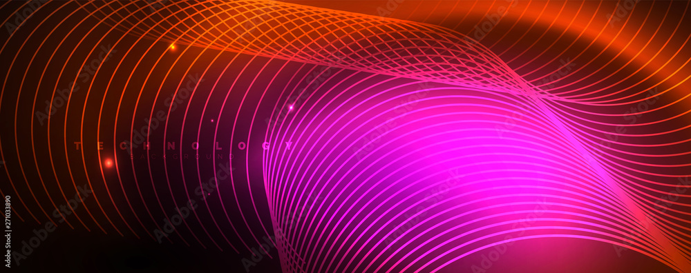 Bright neon circles and wave lines, glowing shiny background design template, digital techno concept. Bright neon circles and wave lines, glowing shiny background design template, digital techno concept.