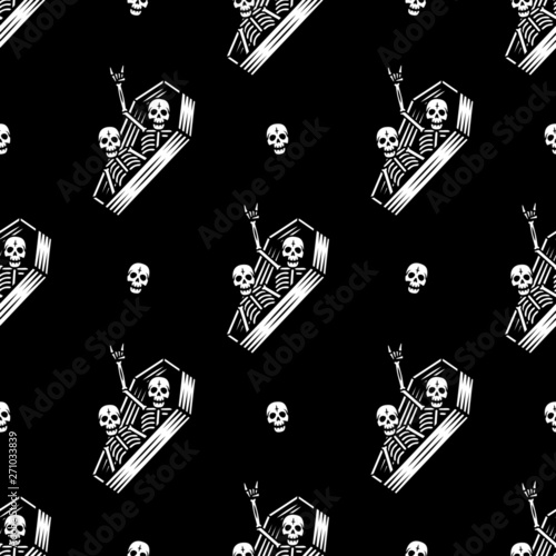 SKELETONS IN COFFIN PARTY SEAMLESS PATTERN BLACK BACKGROUND