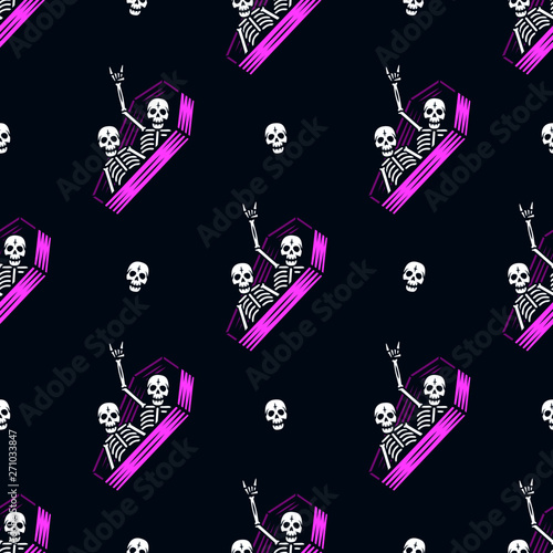 SKELETONS IN COFFIN PARTY COLOR SEAMLESS PATTERN NAVY BACKGROUND