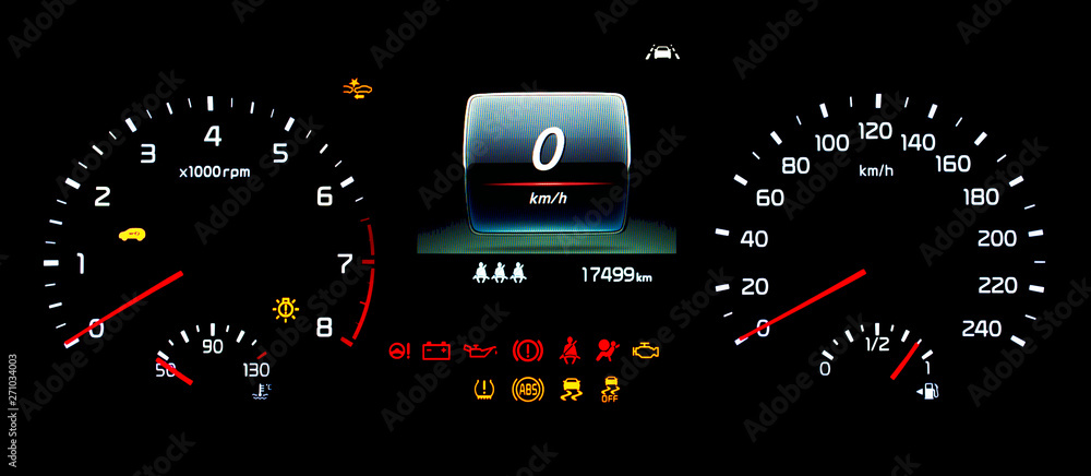 Car instrument panel with speedometer, tachometer, odometer, fuel gauge, oil temperature gauge, ABS, ESP, TPMS icon, check engine, airbag, brake system, seat belt reminder, lane assist warning light.