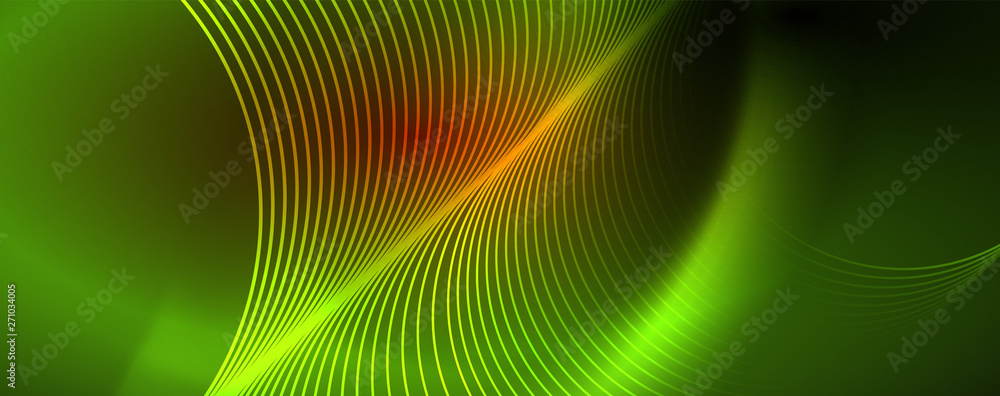 Bright neon circles and wave lines, glowing shiny background design template, digital techno concept. Bright neon circles and wave lines, glowing shiny background design template, digital techno concept.