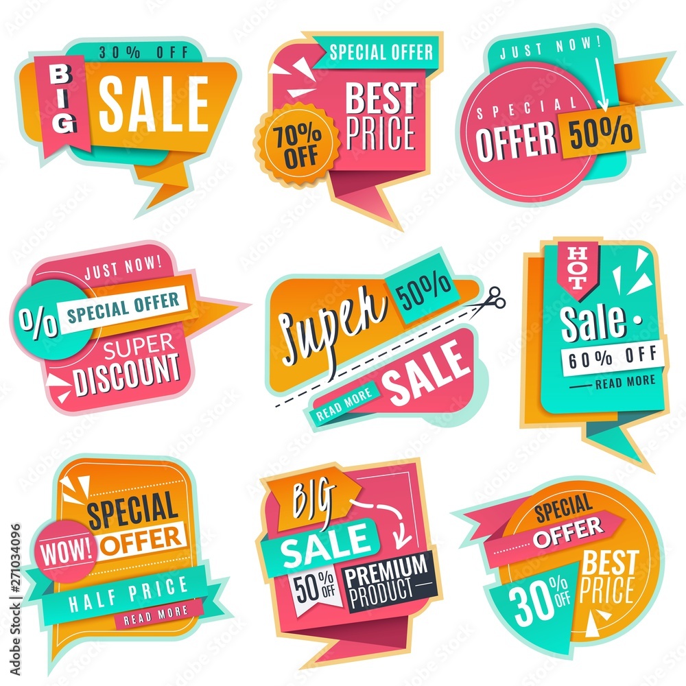 Sale banners set. Promotional discoun signs, advertising offer banner. Origami promotion sales vector tags Sale banners set. Promotional discoun signs, advertising offer banner. Origami promotion sales vector tags