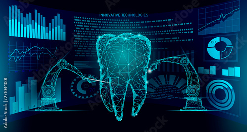 3d tooth innovation robot arm polygonal concept. Stomatology symbol low poly triangle abstract oral dental medical care business. Connected dot particle modern render blue vector illustration