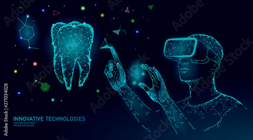 3d tooth innovation virtual reality polygonal concept. Stomatology symbol low poly triangle. Abstract oral dental medical care business. Connected dot particle modern vector illustration
