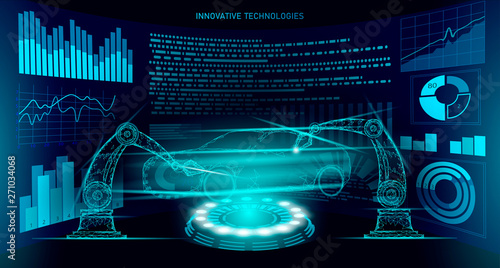 Low poly robotic arm assembly car automation technology. Industrial business factory robot machine welder. Auto body welding android hand polygon blue triangle geometric vector illustration